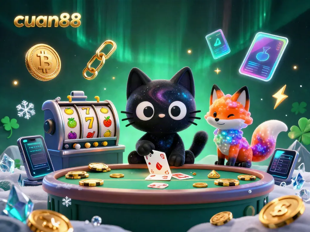 Engaging scene featuring cuan88 in a vibrant cosmic casino with a black hole cat and nebula fox.
