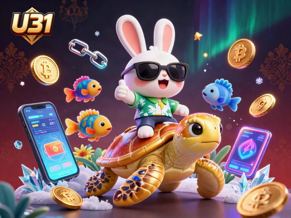 Experience the excitement at U31, where the lucky rabbit and golden turtle celebrate with vibrant crypto elements.