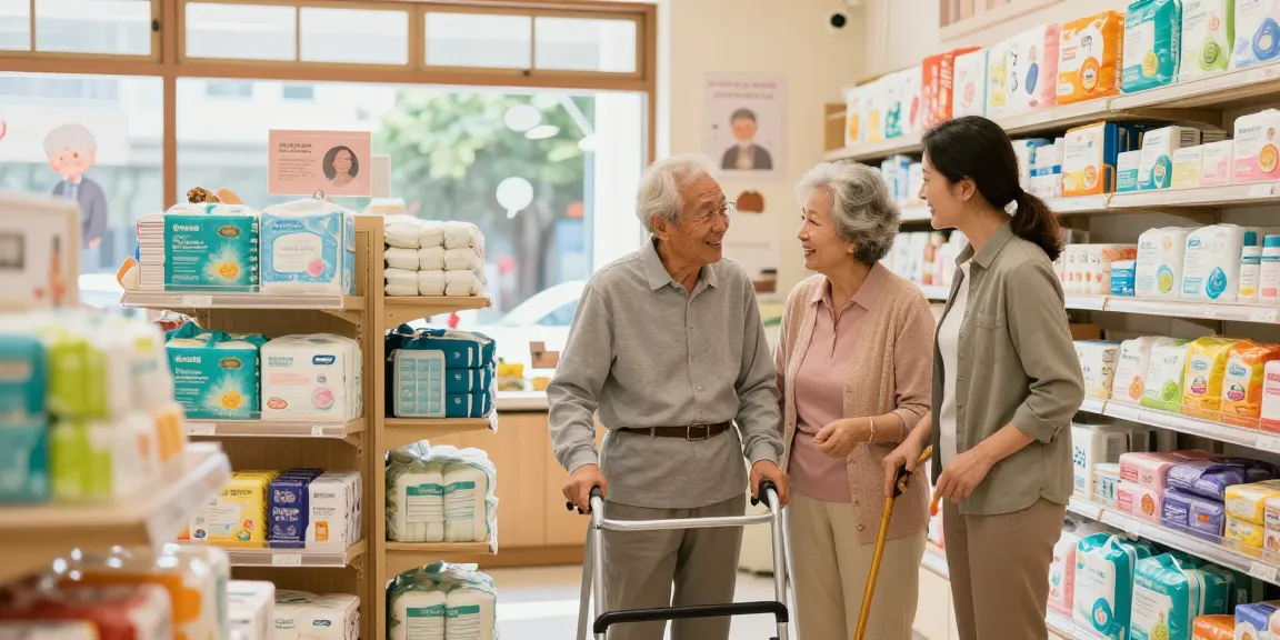 hkseniormall shopping experience with seniors browsing medical supplies in a welcoming market.