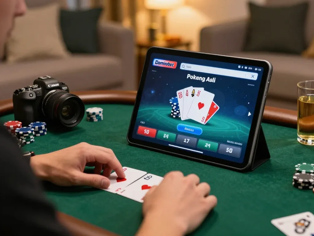 Engaged player strategizing on Poker Uang Asli Dominobet during a home gaming session.
