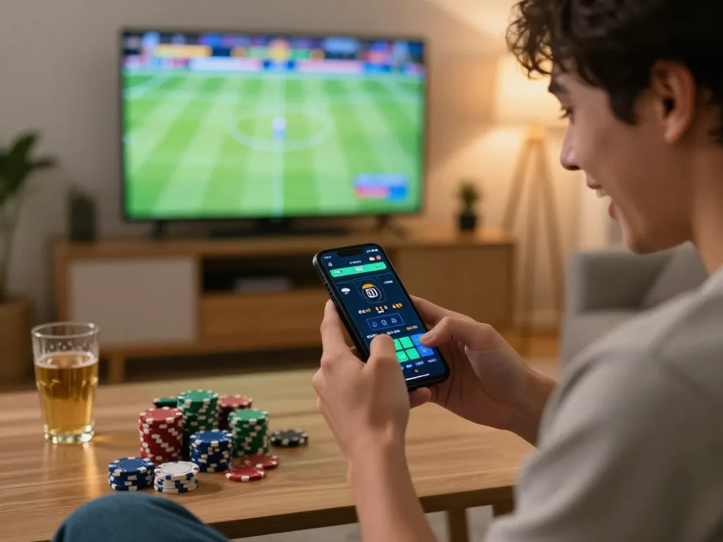 Excited player engaging in sports betting on ALO8 platform using a smartphone, with sports game on TV