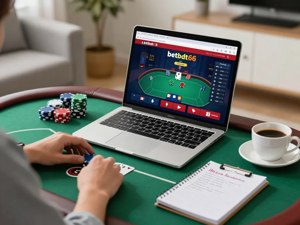 Engaging with the popular betbdt66 platform for online poker in a cozy home setting, highlighting strategy and comfort.