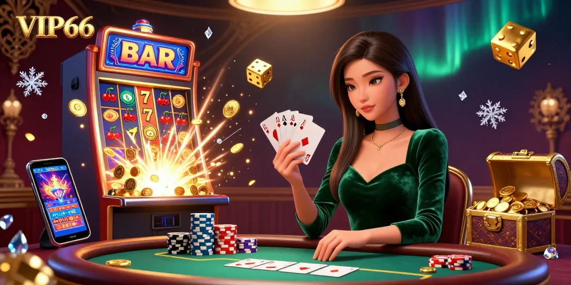 Winning at VIP66: An elegant casino scene featuring a woman at a poker table amidst dynamic gaming elements.