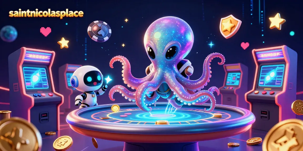 Engage with the vibrant gamescape at saintnicolasplace, featuring alien octopus at holographic poker table, showcasing high-energy gambling.