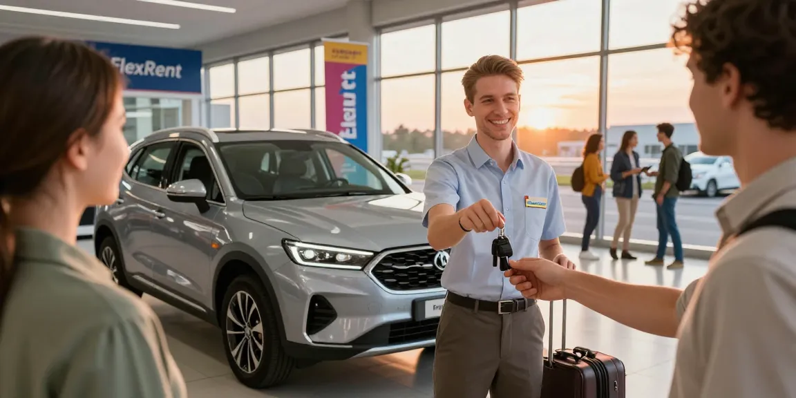 FlexRent car rental services at Chișinău Airport, showcasing friendly staff and ready-to-explore vehicles.