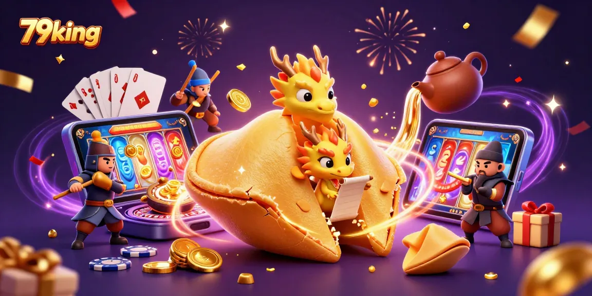 Play exciting games at 79king with a vibrant casino scene featuring fortune cookies and celebration elements.