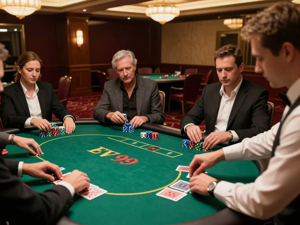 Intense poker game at EV 99 casino with players and dealer focused on the action