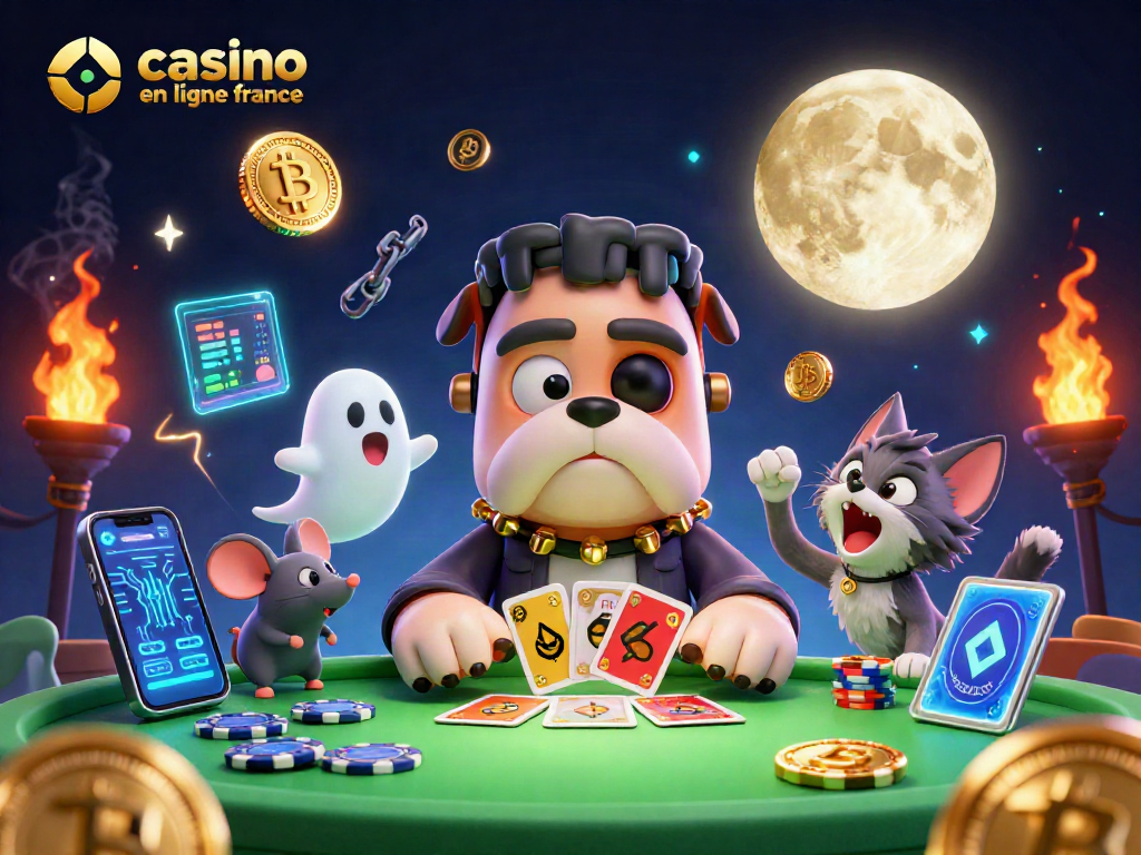 Jouez à casino en ligne France avec un bulldog Frankenstein, un chat loup-garou et des éléments de jeu captivants.
