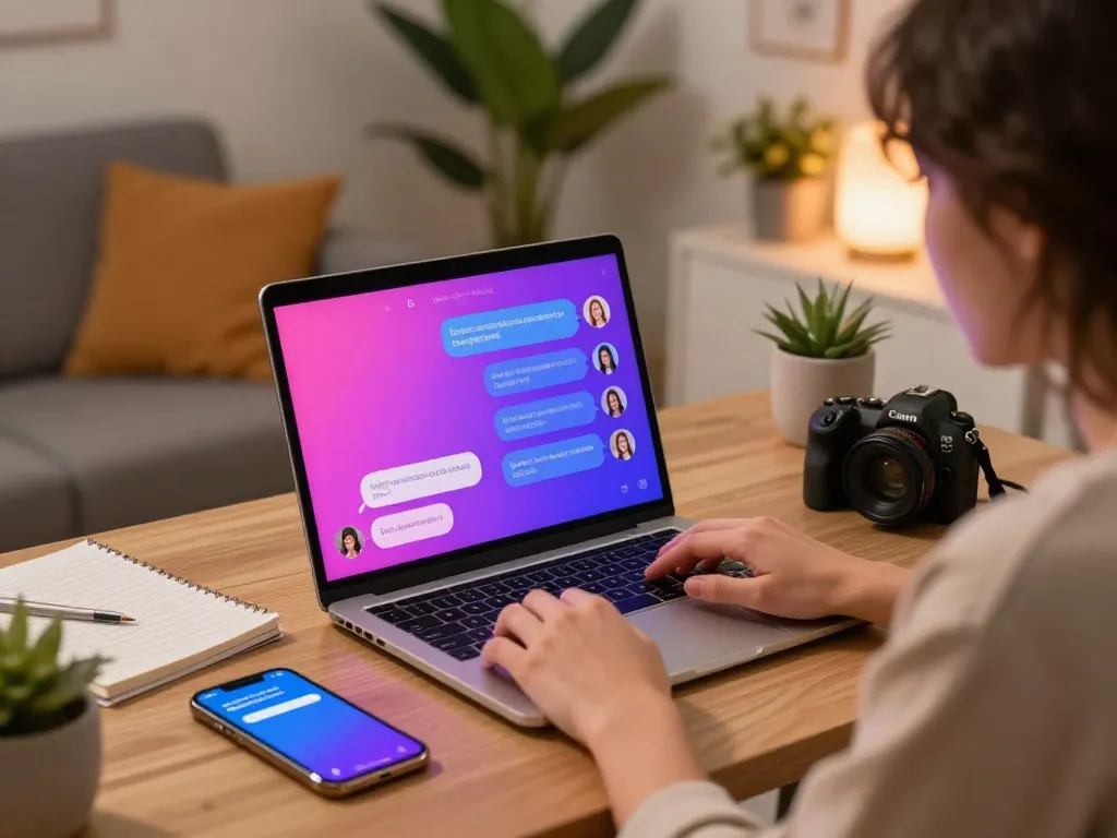 Interactive sex chat AI experience on a sleek laptop with a cozy home backdrop.