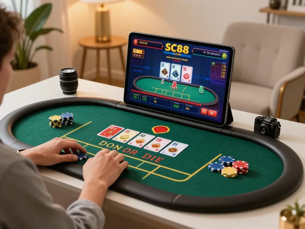 Person engaging in SC88 online gambling using tablet at a stylish desk, showcasing live dealer gameplay