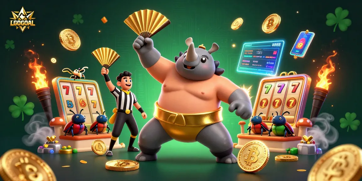 Engage with LGOGOAL's thrilling sumo champion beetle amidst lively slot reels and crypto elements.