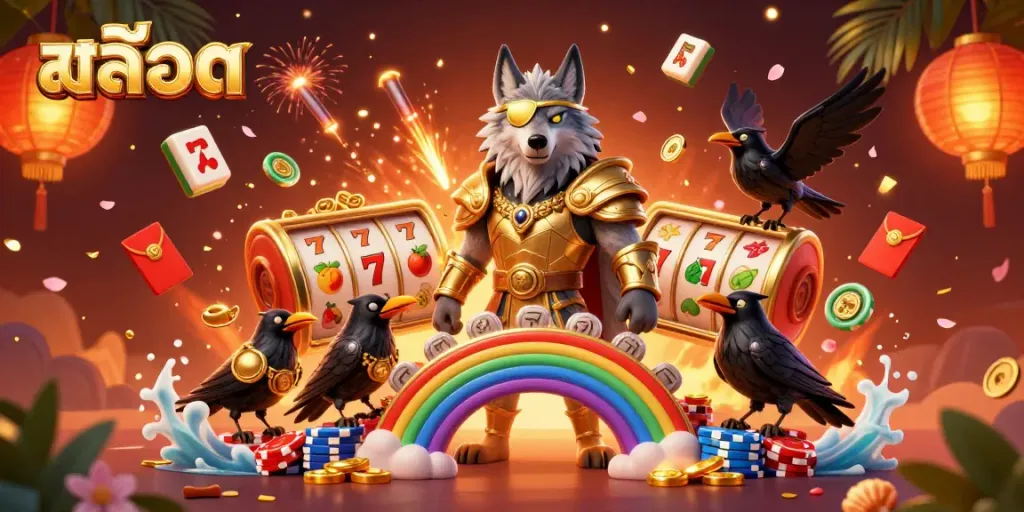 Engage in the excitement of สล็อต with Norse mythology-inspired characters and vibrant casino elements in a dynamic scene.