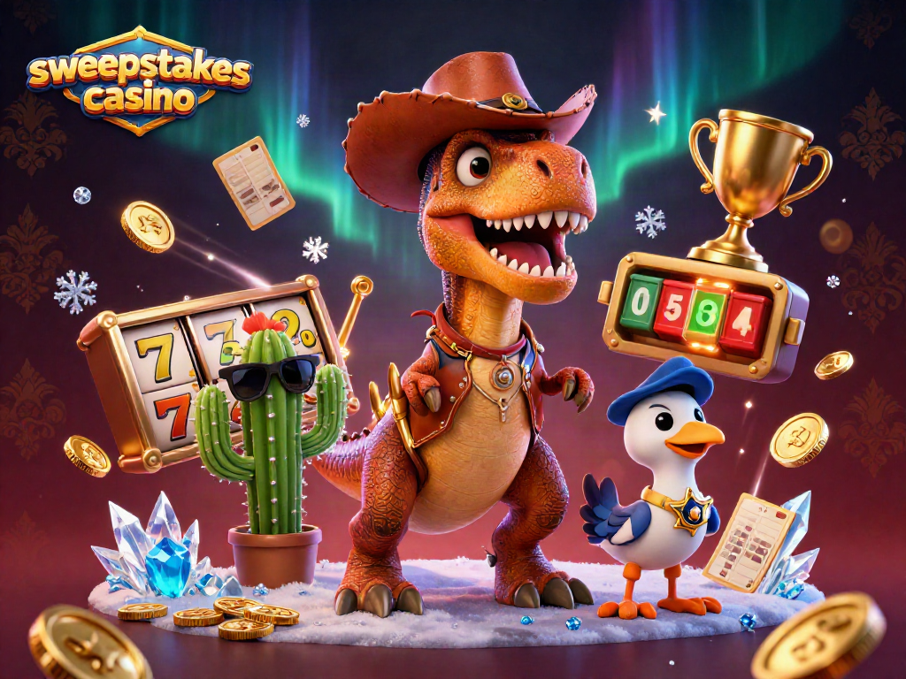 Sweepstakes casino dynamic scene featuring cowboy dinosaur with casino elements around them, promoting engagement.