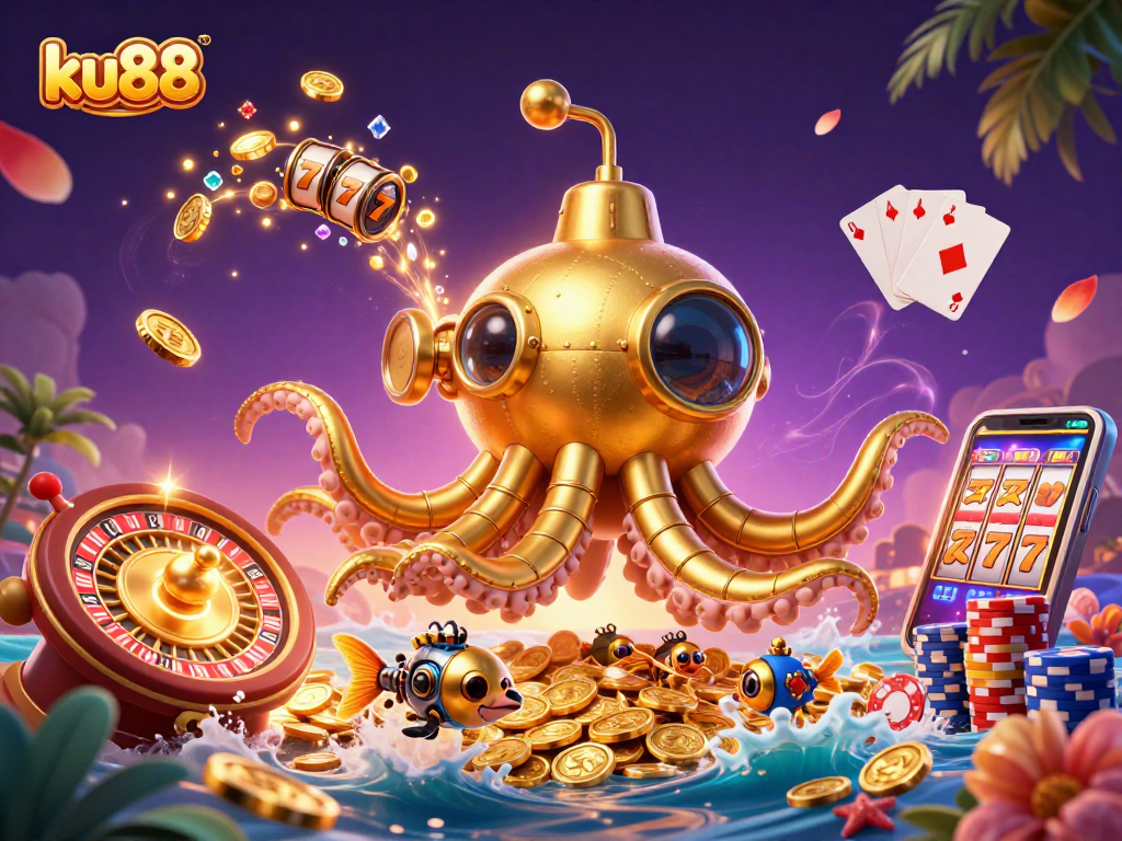 ku88 showcases a vibrant, dynamic casino scene with a golden kraken submarine and spinning roulette wheel.