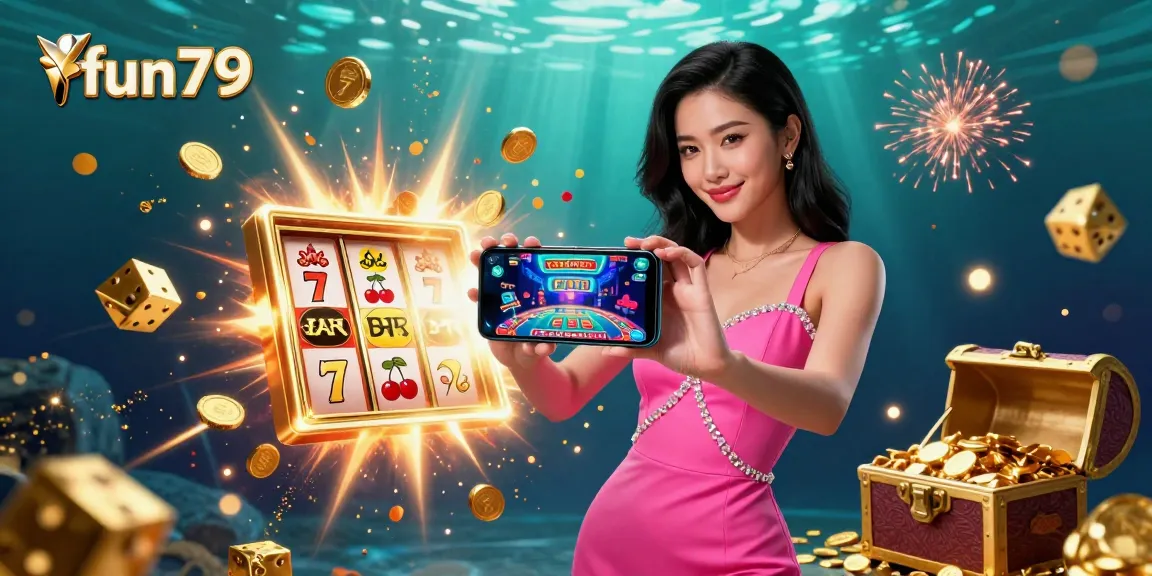 Experience the thrill of fun79 with dynamic slot machines, gold coins, and a confident player holding a smartphone.