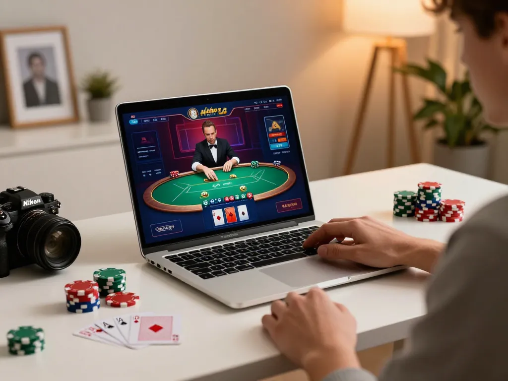 pemain wma-minelife terlibat dalam sesi poker online strategis di pengaturan rumah mewah.