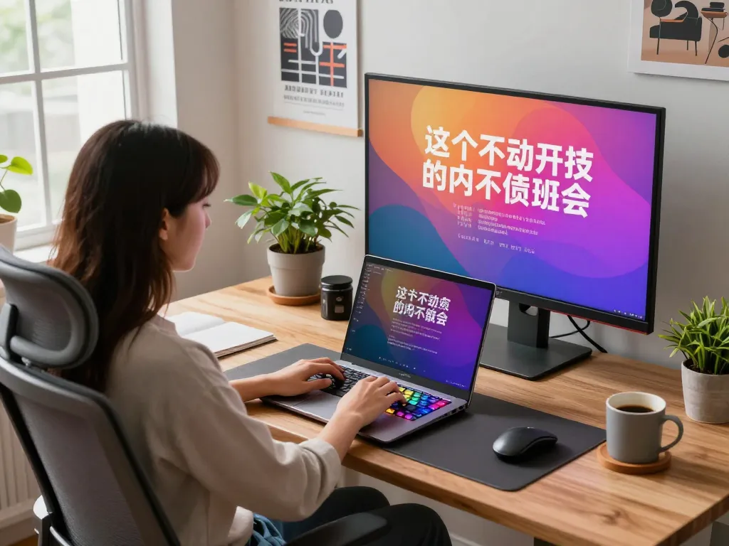 在舒适的家庭办公室工作空间中使用搜狗输入法，屏幕上显示着生动的汉字。