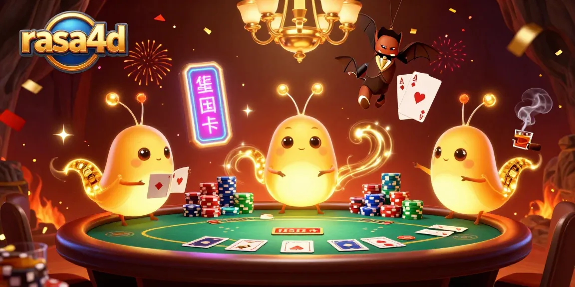menggambarkan rasa4d dalam kasino gua dengan karakter cacing bercahaya dan dealer kelelawar, sukses bermain poker.