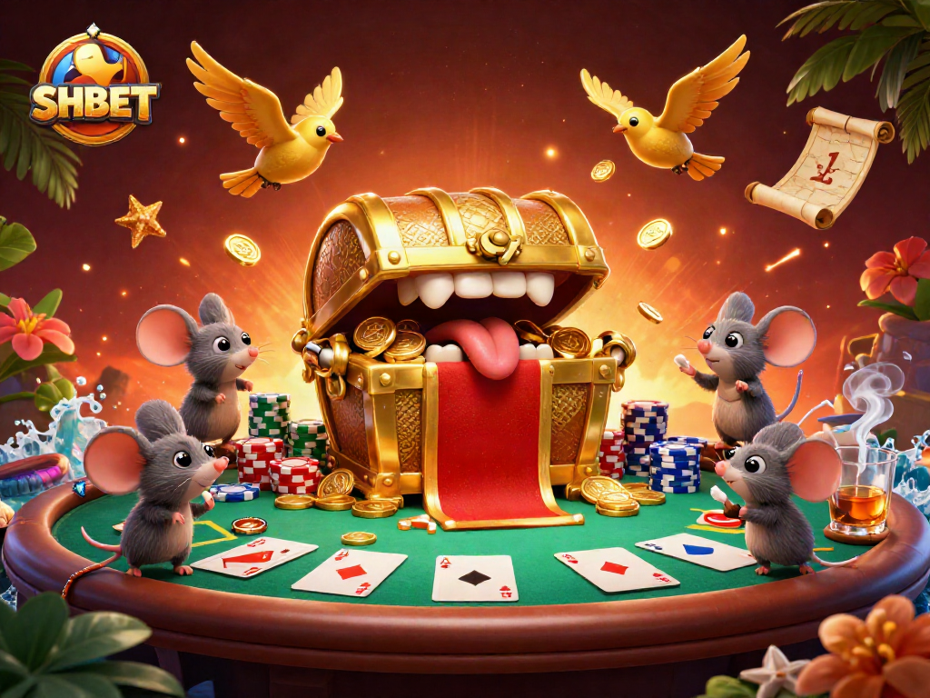 Experience SHBET's vibrant casino adventure with a treasure chest and poker excitement.