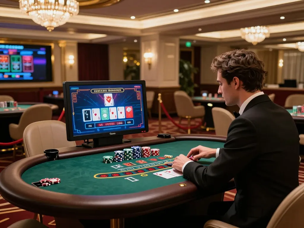 Engaging baccarat experience at a stylish online casino featuring vibrant graphics and a live dealer.