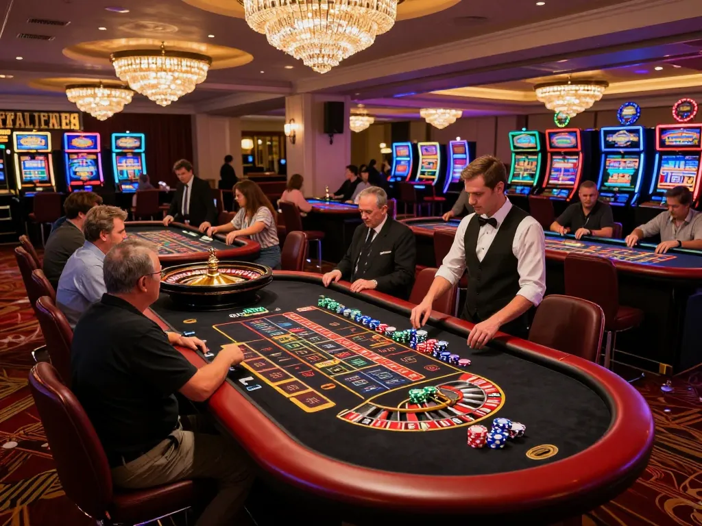 The excitement of gameplay at https://go8.onl/ is showcased with players engaging at a roulette table in a vibrant casino atmosphere.