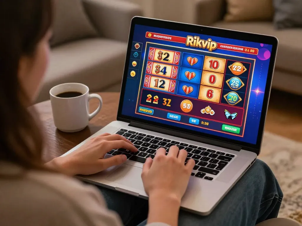 Player engaging with casino games on Rikvip from home while sipping coffee, highlighting online gambling experience.