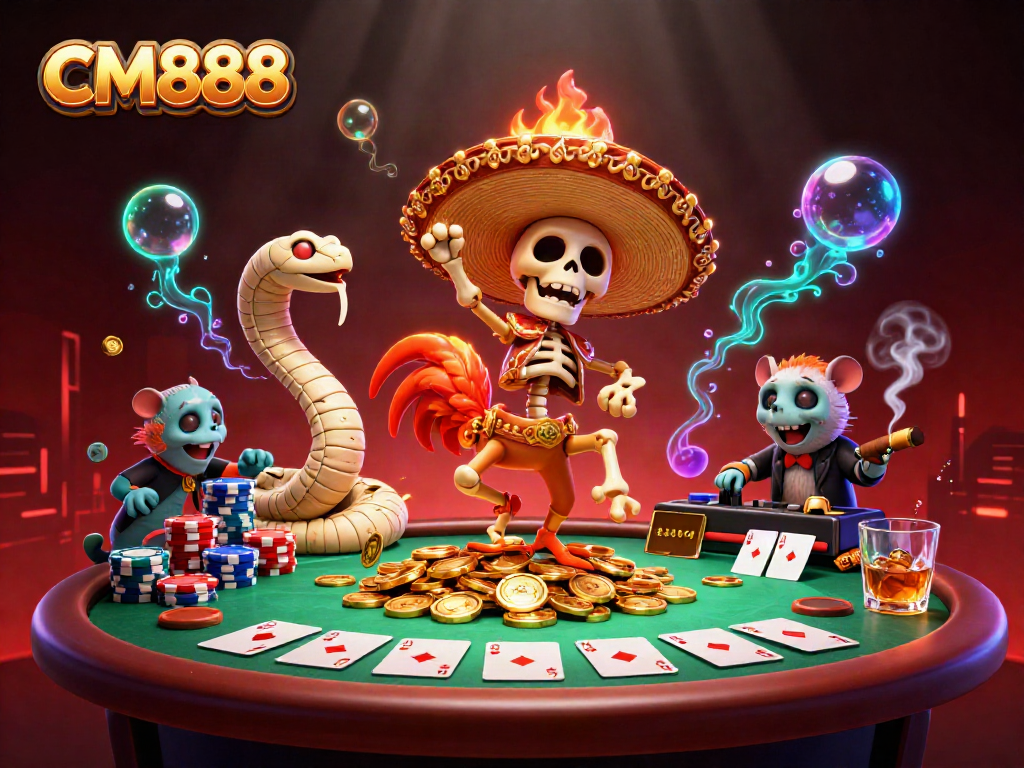 Experience thrilling poker action with CM888 in a vibrant 3D illustration featuring dynamic characters.