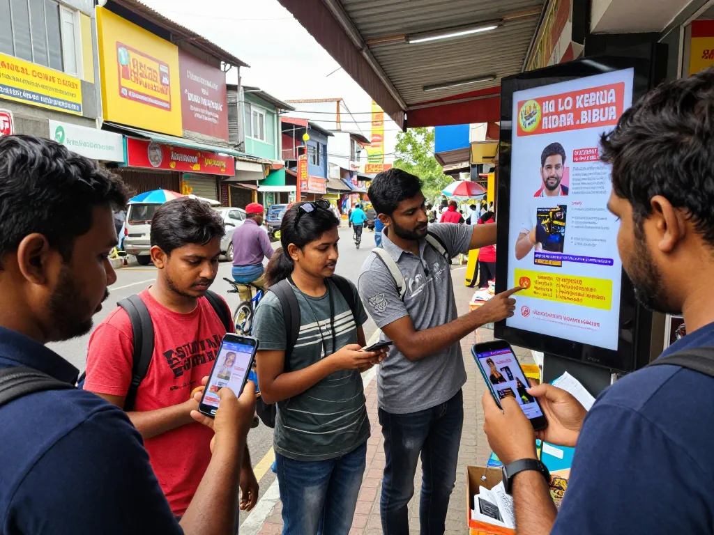 Lively urban scene of individuals engaging with Lanka Add advertisements on mobile devices in a bustling Sri Lankan marketplace