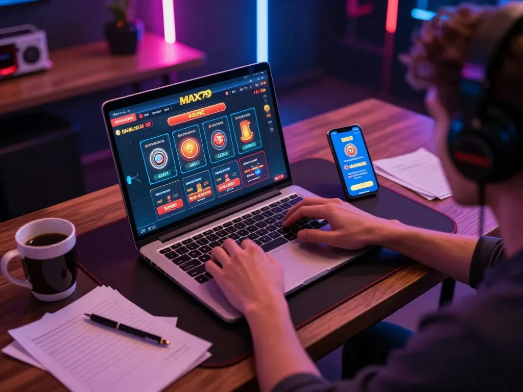 Engaged player exploring MAX79 online casino interface on laptop, showcasing strategic gameplay.