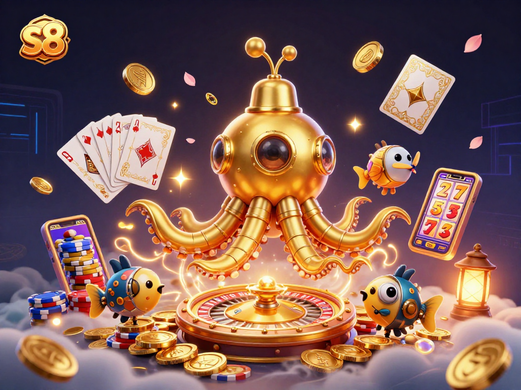S8 offers thrilling gameplay as a kraken submarine embraces a sea of golden coins in this dynamic casino scene.