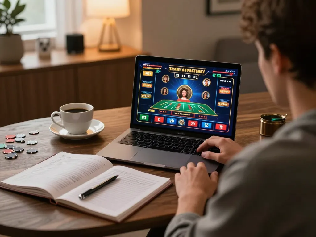 Menghargai permainan online yang bertanggung jawab dengan link ggdewa777 di laptop di rumah, menampilkan permainan kasino yang menarik.