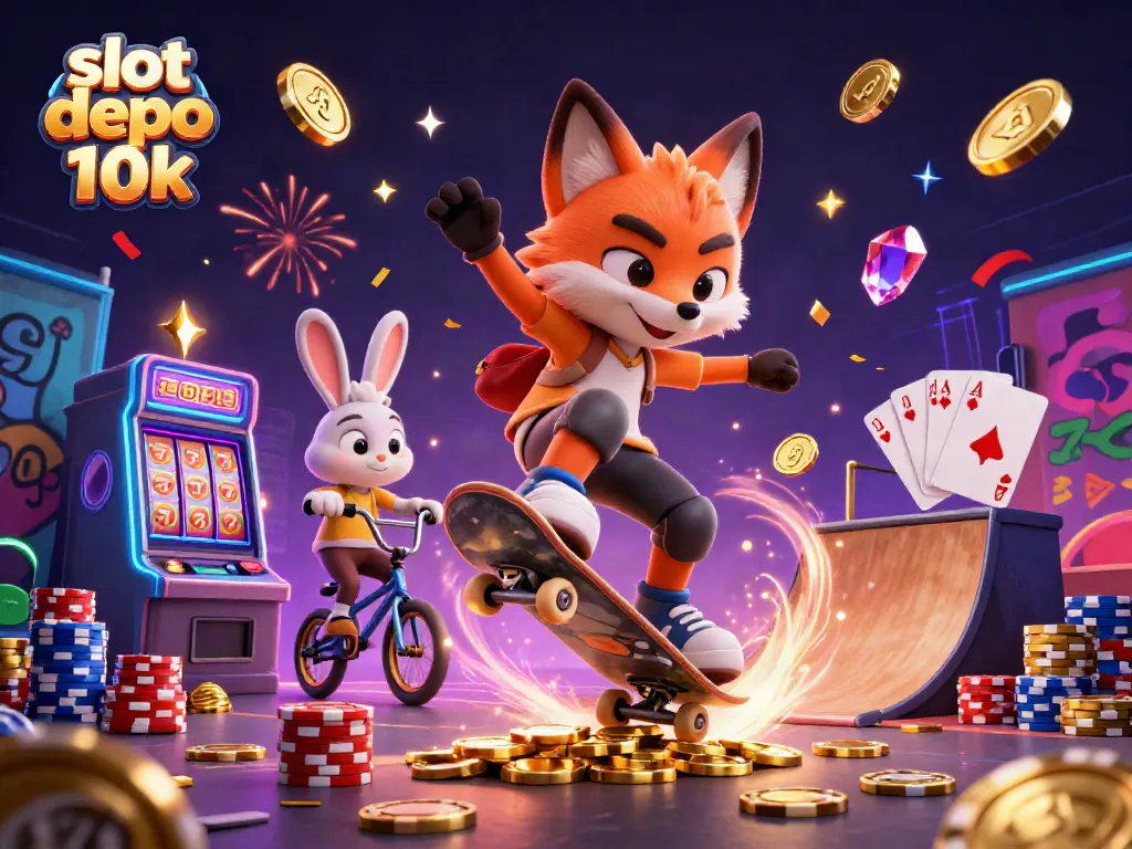 Experience the thrill of slot depo 10k with vibrant characters, golden coins, and exhilarating casino action!