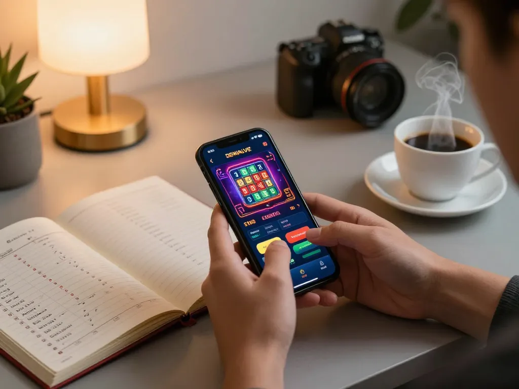 Engaging scene with DEWALIVE app on smartphone showcasing betting options in a stylish home workspace.