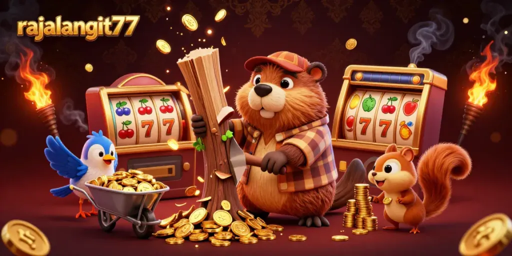 Mainkan rajalangit77 dalam ilustrasi kasino yang kaya dengan beaver memotong pohon hujan koin emas.