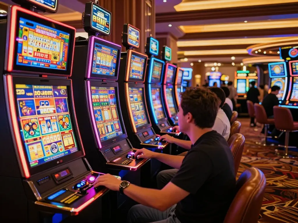 A player enjoying an exciting SLOT experience at a vibrant casino slot machine area with colorful displays and engaging atmosphere.