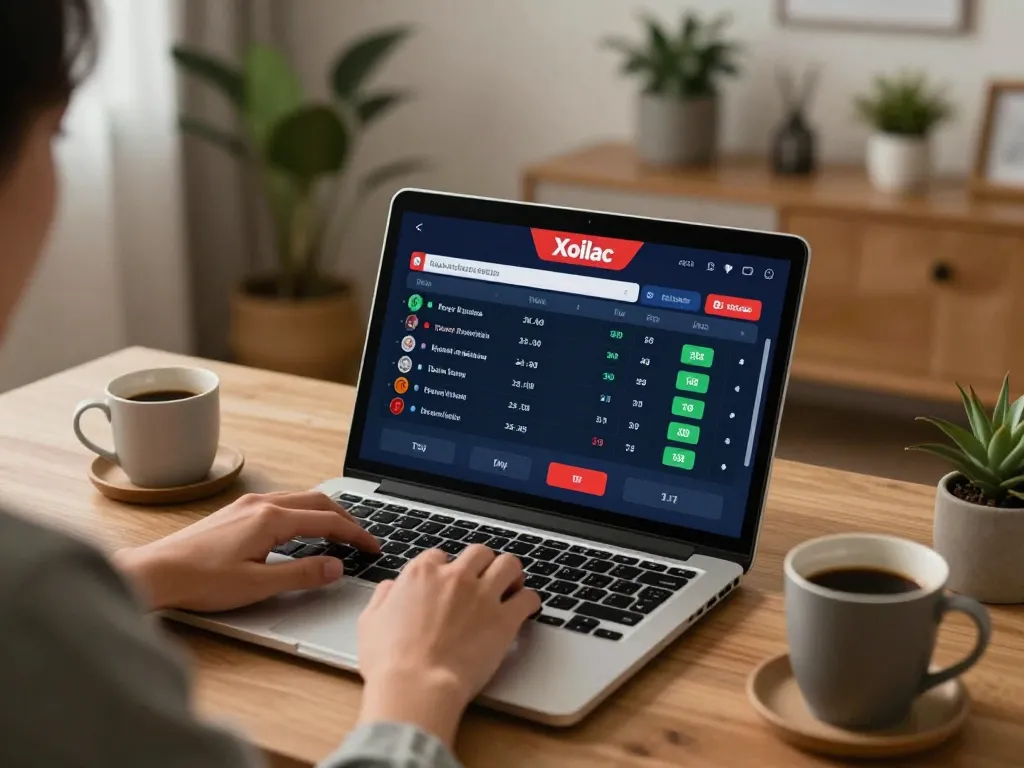 Xoilac sports betting user checking odds on a laptop with a warm home atmosphere.