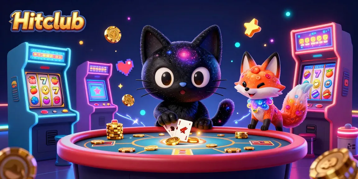 Experience the vibrant Hitclub casino scene with a black hole cat and colorful fox attracting golden chips.