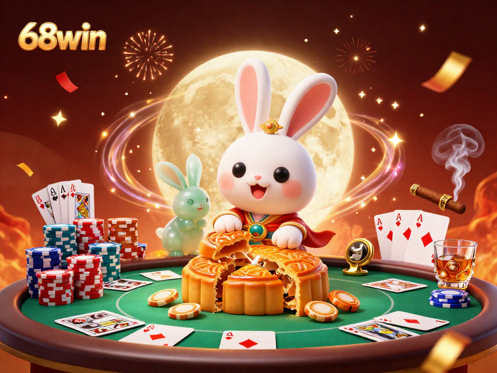 Experience the thrill of gaming at 68win with vibrant poker elements and celebrating characters.