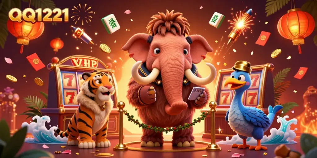 Experience QQ1221's vibrant casino scene with animated characters, slot reels, and dynamic game elements.