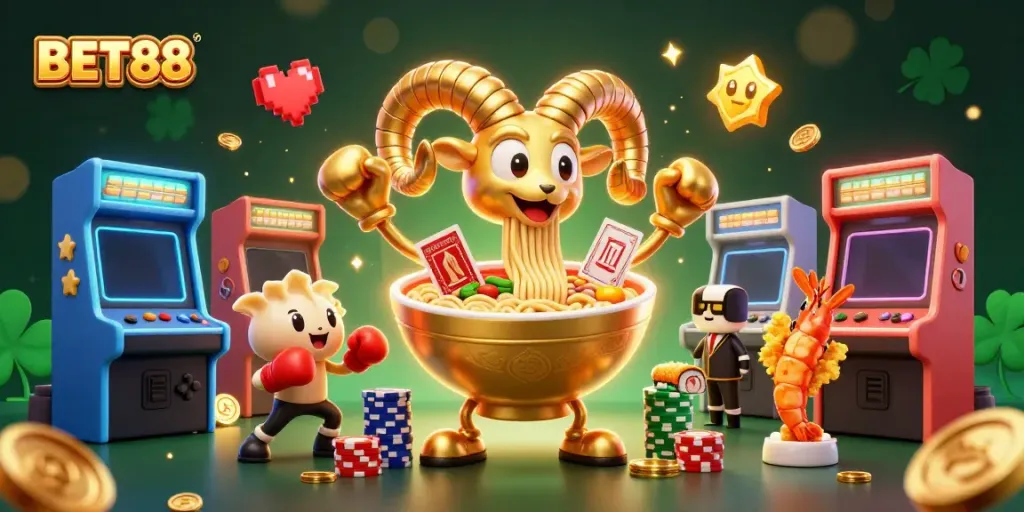 Experience colorful gambling fun with BET88's vibrant characters battling in a dynamic casino scene.