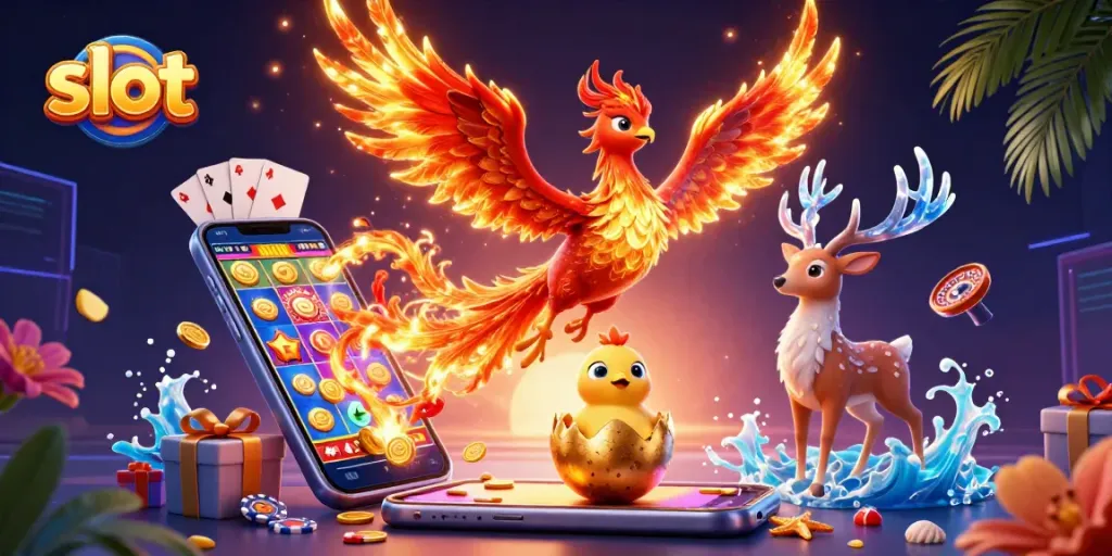 Spin and win with vibrant slot games featuring a phoenix and lucky symbols in action.