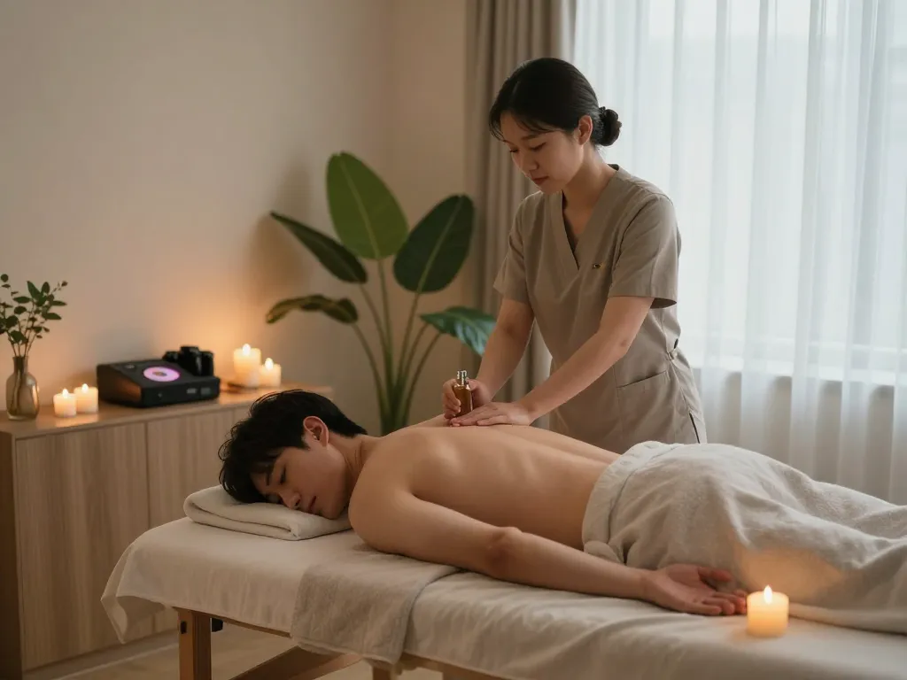 Relaxing 포항스웨디시 massage therapy scene with candles, serene environment.