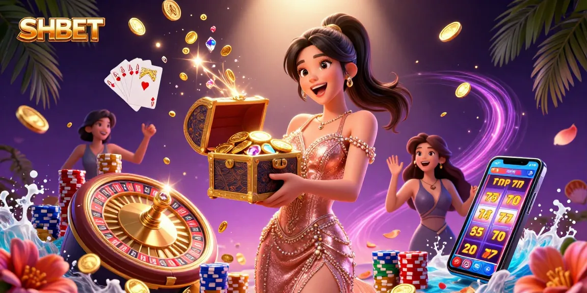Engage with SHBET's lavish gaming experience showcasing treasures in a dazzling casino scene.