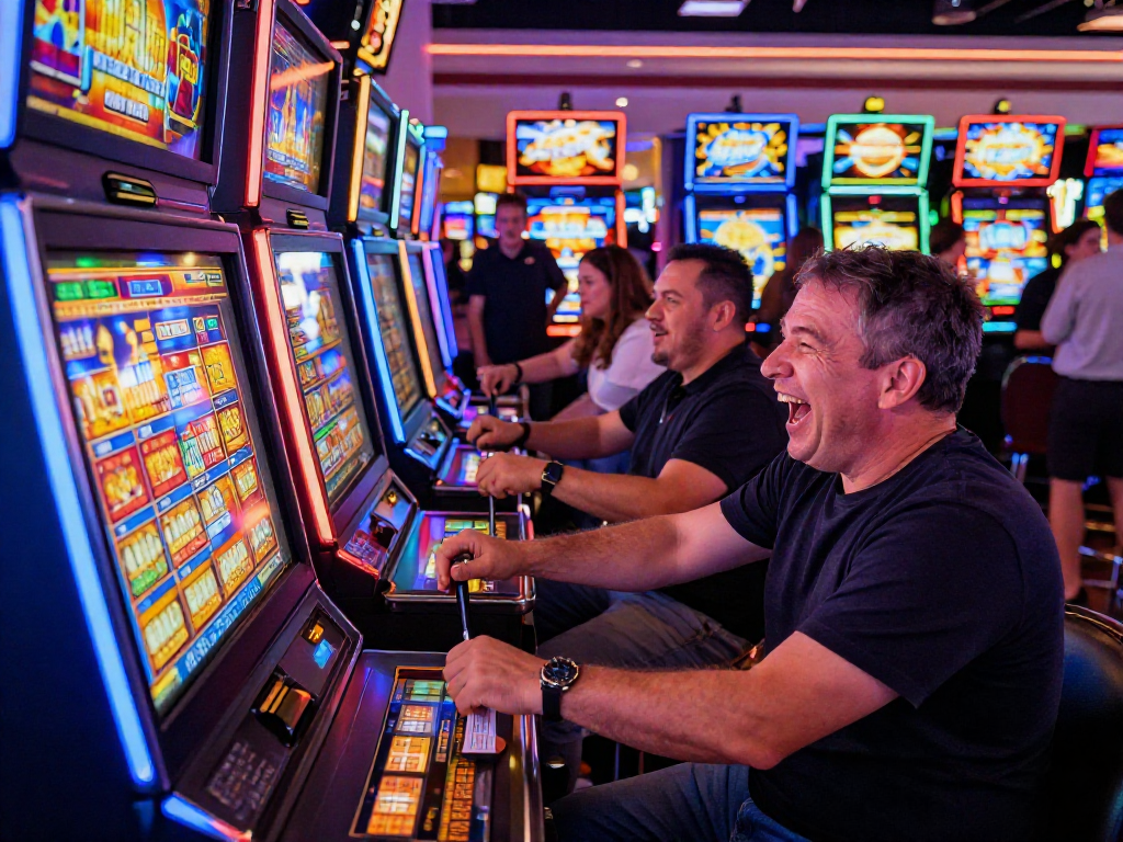 Excited player winning a slot jackpot in a vibrant casino atmosphere.