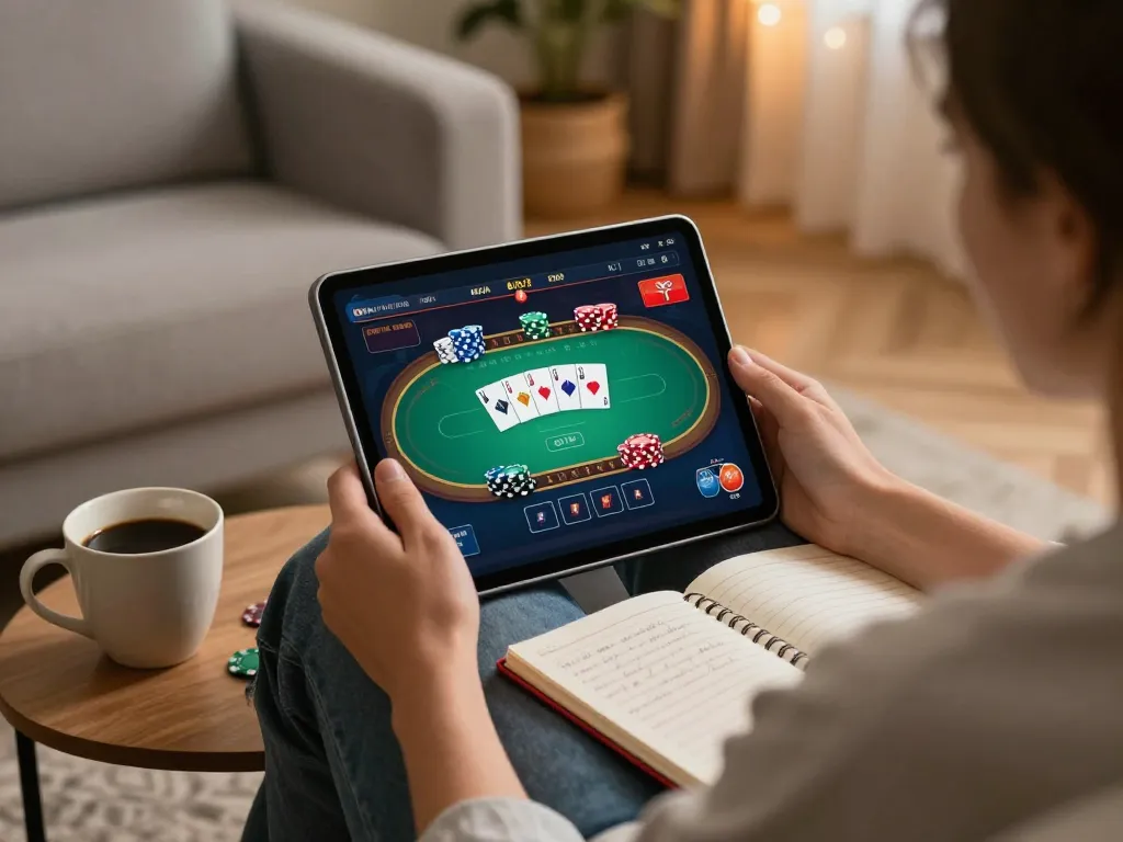 LUCK8 players enjoying online poker with clear strategy notes during a cozy gaming session