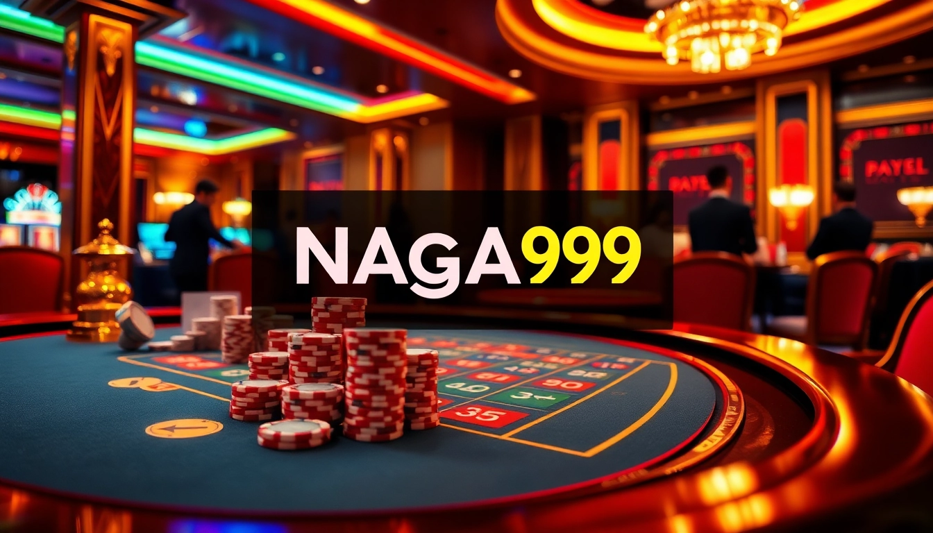 Naga99 showcases players enjoying a thrilling casino game with vibrant poker chips and an active roulette wheel.