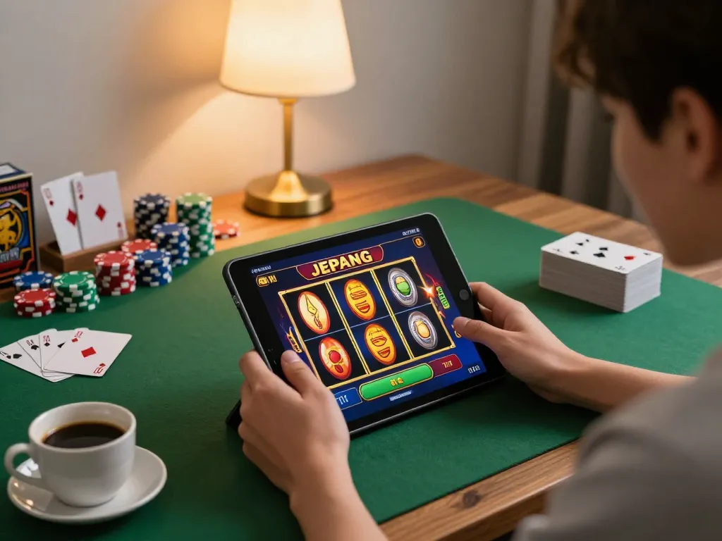 Engaging player enjoying slot jepang on a tablet in a cozy home gaming setup with casino decor.