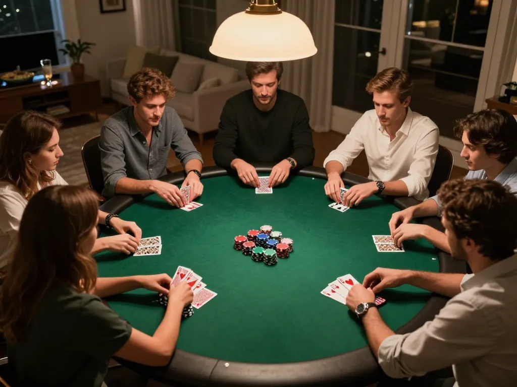 Poker online game night with friends enjoying strategic gameplay and snacks at home