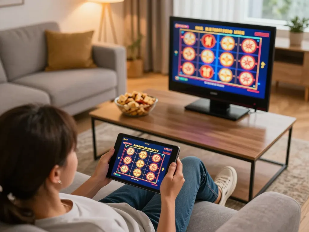 Enjoying casino online senza registrazione gameplay on a tablet in a cozy living room setting.