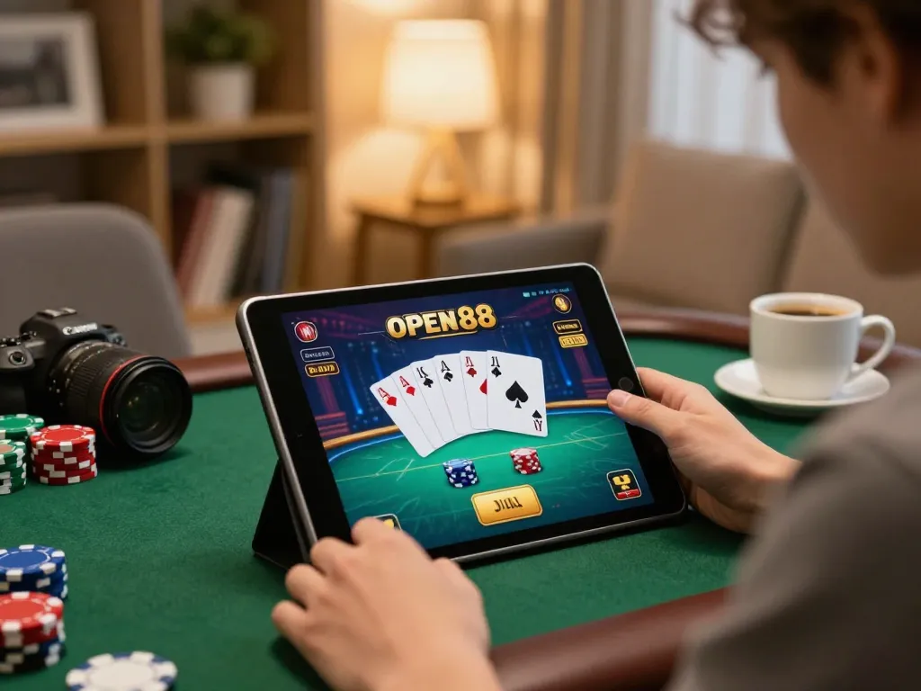 Experience thrilling poker gameplay on open88 with a focused player using a tablet in a cozy home setting.